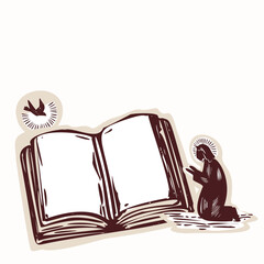 Fototapeta premium Open bible motif illustration with Holy Spirit blessing and angel figure. Hand drawn black and white vector motif . Religious element isolated with copy space . For christian clip art for church 