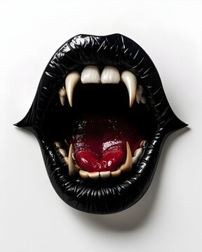 Halloween mouth with vampire fangs emerging from shadows isolated on white background 