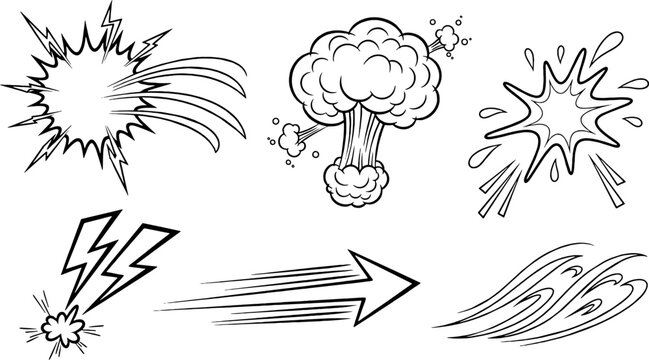 Vibrant Colored Vector Anime and Manga Action Effects Set: Speed Lines, Fiery Smoke, Water Splash, Lightning, Projectile Trail, and Cosmic Swirl with Glowing Particles
