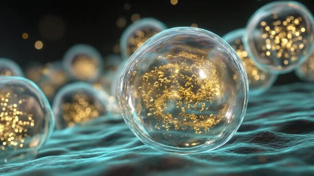 Microscopic 3D render of exosomes carrying glowing golden particles. Cellular therapy and skin rejuvenation concept for premium cosmetic advertising. Generative AI.
