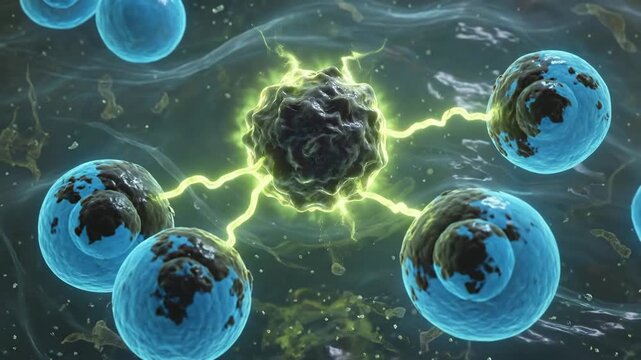 3D medical animation of a senescent cell (zombie cell) infecting healthy neighboring cells via SASP. Cellular aging and disease concept