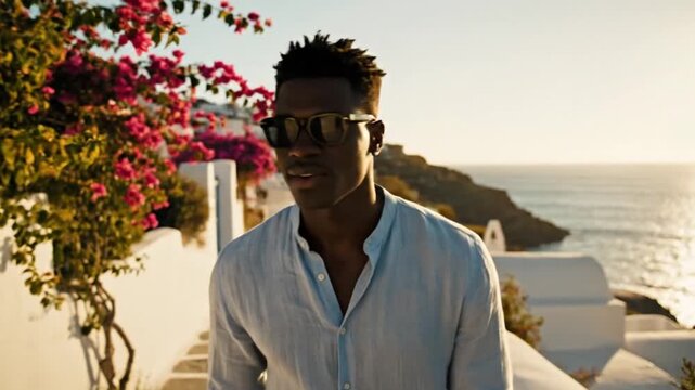 A man in white shirt standing by the sea.