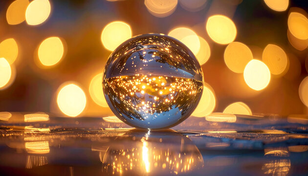Crystal ball reflecting blurred lights on wet surface; bokeh effect