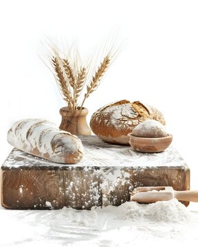 Rustic breadboard scene with flour dust and natural textures isolated on white background 