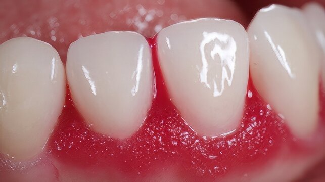 Inflamed, bleeding gums and teeth dental health issue. Red, inflamed gums early sign of gingivitis or gum disease. Bleeding, swollen gums with damaged gum tissue during brushing or flossing.&nbsp;