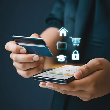  Digital payments and mobile banking concept with card swipe and smartphone transaction security icons