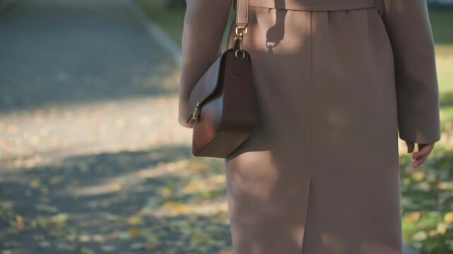 Woman walking with brown handbag, closeup shots of leather purse swinging from shoulder, beige coat, golden sunlight, fallen leaves on sidewalk, soft bokeh background, urban park setting, stylish