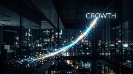 Obraz premium Neon growth arc above city skyline representing rising market trend