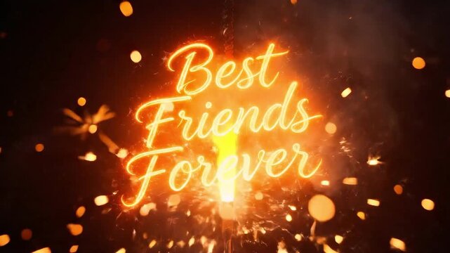 Glowing best friends forever text illuminated by golden sparkler light on a dark background with bokeh, suitable for friendship, celebration, greeting, event, and social media content.