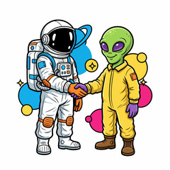 Obraz premium Cartoon Vector Illustration of an Astronaut and Green Alien Shaking Hands Symbolizing First Contact and Universal Cooperation