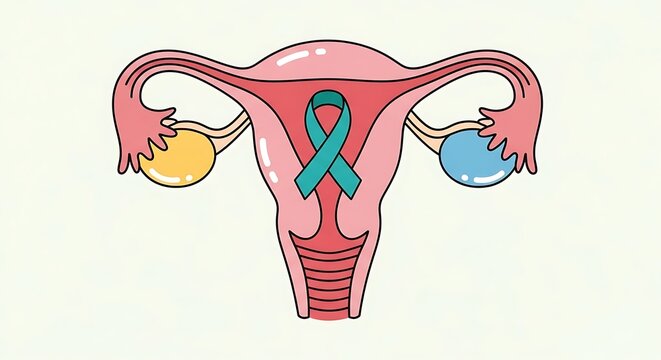 Female anatomy with teal awareness ribbon