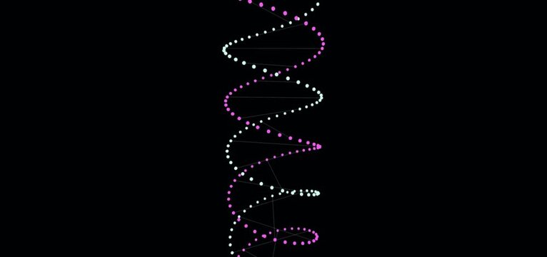 A digital representation of a DNA double helix structure, composed of glowing dots against a black background.