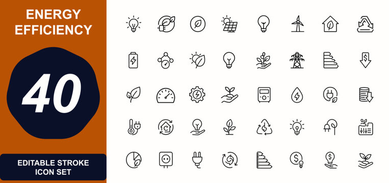 Energy efficiency web icons in line style. electricity, renewable power, sustainability, consumption, cost savings, meter, green technology. Editable stroke. Vector illustration.