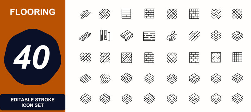 Flooring materials web icons in line style. wood, parquet, tile, plank, deck, cement, surface, texture, interior, construction, renovation, architecture, pattern. Editable stroke. Vector illustration