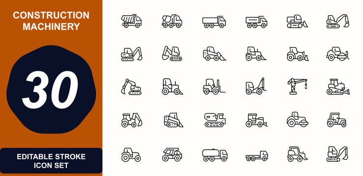 Construction machinery web icons in line style. heavy equipment, trucks, cranes, bulldozer, loader, forklift, backhoe, transport, engineering, industrial vehicles. Editable stroke. Vector illustration