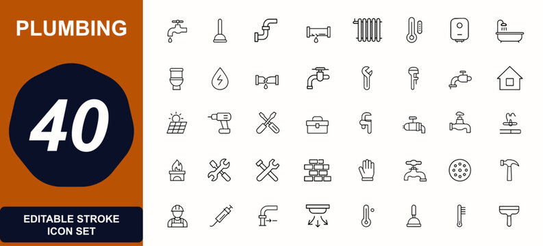 Plumbing and HVAC outline web icons in line style. bathroom, boiler, pipe, radiator, faucet, pump, duct, maintenance, repair, construction, renovation, engineering. Editable stroke. Vector.