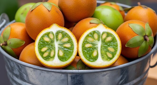 A metal bucket filled with fresh naranjilla fruits and cut open ones on a table