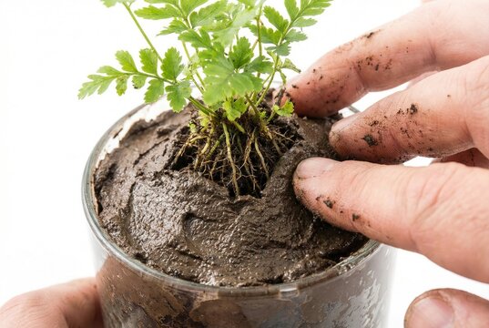 Hands packing wet soil and mud around the roots of a small green plant