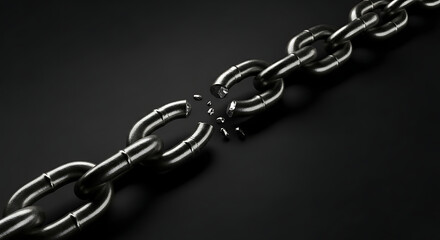 Fototapeta premium Heavy duty metal chain links snap apart revealing bright light and debris symbolizing release from constraint and sudden change.