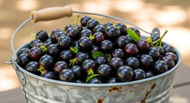 Fresh jabuticaba fruits fill metal bucket on wooden table outdoors