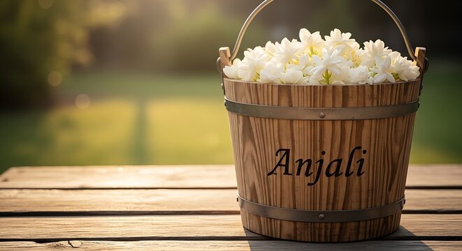 A wooden bucket filled with white flowers sits on a table outdoors.