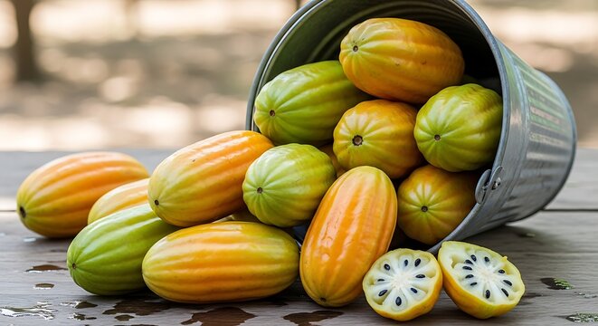 Fresh babaco fruits spilled from a metal bucket on wooden table outdoors
