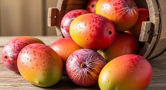 A wooden bucket overflows with fresh sapotes on a rustic table indoors.