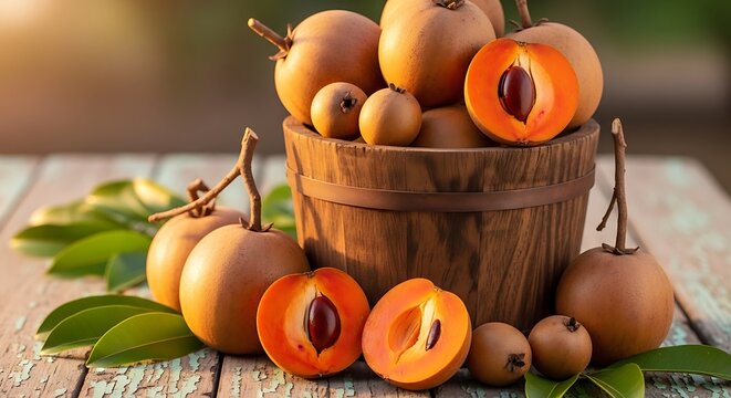 Fresh sapotes overflow from a wooden bucket on a rustic table outdoors
