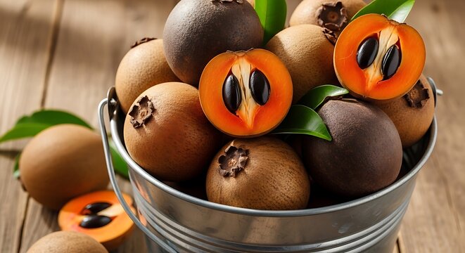 A metal bucket overflowing with fresh sapote fruits and leaves on a wooden surface with some cut open to reveal seeds.