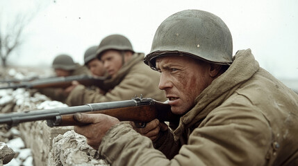 Fototapeta premium Soldiers in trench aiming rifles, intense wartime scene with focus on determined faces