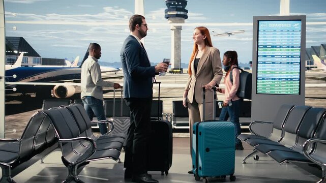 Professional team discuss delegation responsibilities and waiting for flight in crowded airport terminal, business travelers in formal attire preparing for boarding plane. Global business mobility.