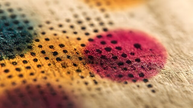 Macro Halftone Dot Pattern on Vintage Paper with Ink Smudge and Offset Printing Texture
