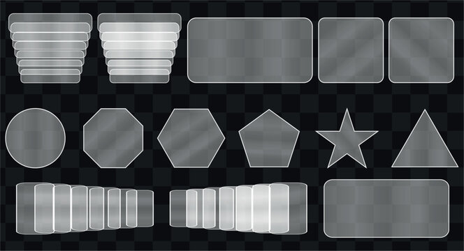 Glass plate frame transparent set, glass showcase with bright neon light edges, realistic transparent window mockup, Glassmorphism UI elements set with frosted glass shapes and buttons.