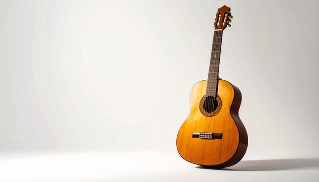 Classical acoustic guitar standing upright