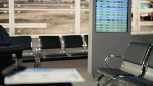 Passport and plane ticket, close up, empty airport terminal, international transport hub with big windows shows runways with airports. Boarding pass placed on suitcases and bags.