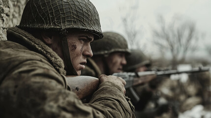 Fototapeta premium Soldiers in uniform with helmets and rifles prepare for battle in a gritty, realistic portrayal