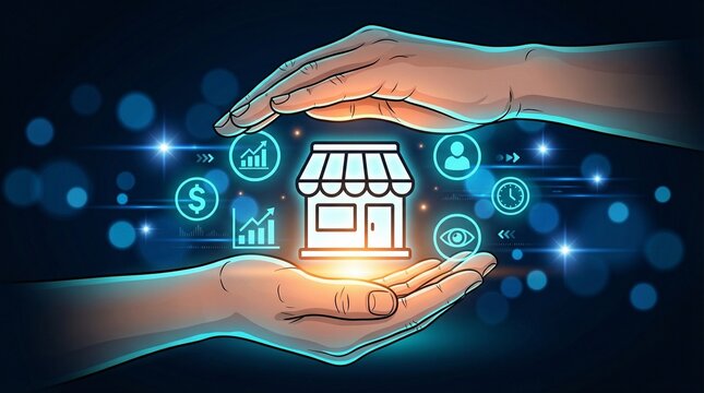 Hands protecting a glowing store icon, symbolizing secure business operations, financial growth, and strategic management.
