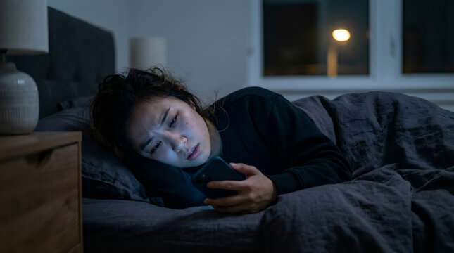 Sad Asian woman experiencing doomscrolling 3am phone glow while lying in bed at night for mental health and technology addiction marketing