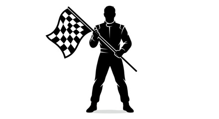 Obraz premium Professional black silhouette of a racing driver in a suit holding a checkered flag isolated on white background for motorsport victory and competition concepts.