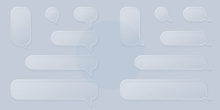 Transparent glass speech bubble set. Realistic glass morphism effect. Vector ui design element, chat dialog boxes