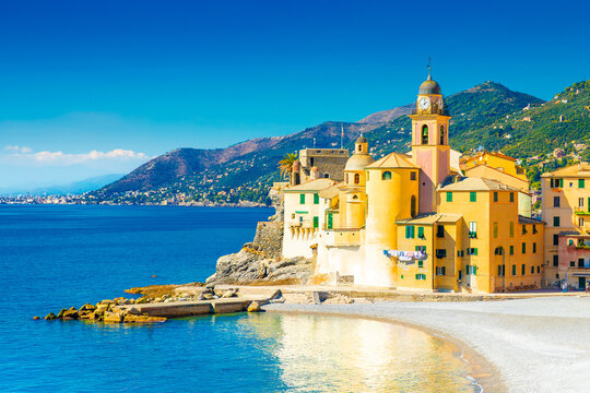 Scenic Mediterranean riviera coast. Panoramic view of Camogli town in Liguria, Italy