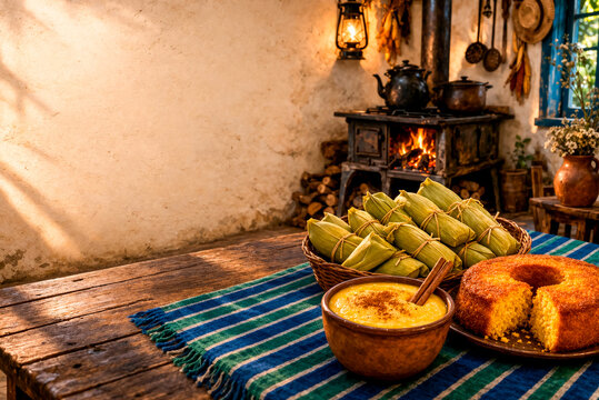 Rustic table with traditional corn foods (pamonha, curau and corn cake) in a colonial kitchen with wood stove and copy space