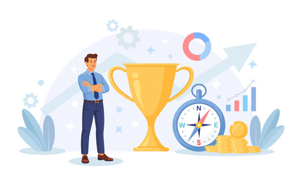 Businessman standing near a big trophy and stack of money. Great career success or business goal achievement in a competitive environment. Vector illustration