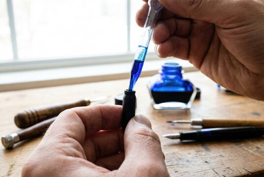 Person filling a fountain pen cartridge with blue ink using a glass dropper