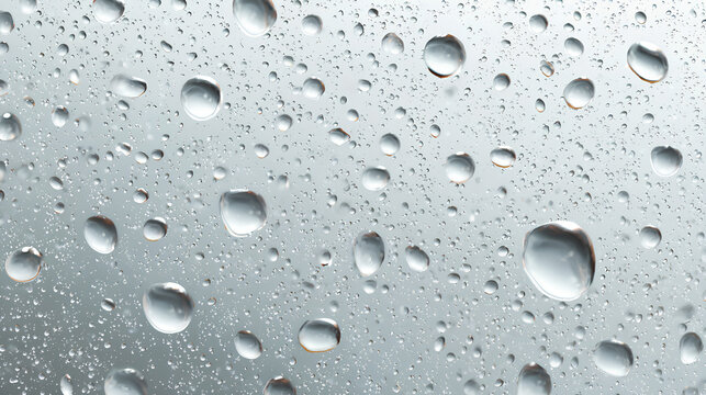 Realistic white background water droplets, drops, water-drop on wet clear window surface with crystal clarity, fresh liquid texture, bubbles and moisture reflection on clear glass surface for design