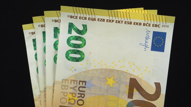European Money. Two hundred Euro banknotes. Euro banknotes, EUR. Cash, finance, savings, wealth. 800 Euros in four 200 euro banknotes