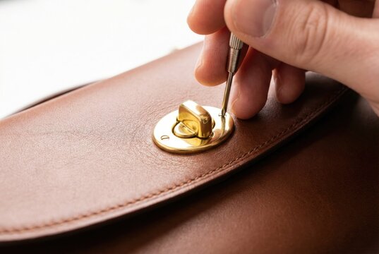 Hand using a precision screwdriver to fix a gold metal clasp on a brown leather bag
