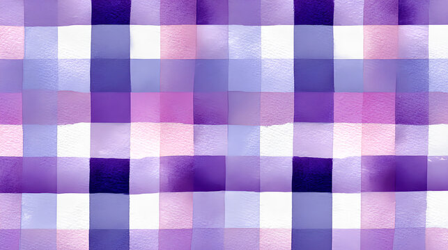Seamless hand painted violet and purple gingham check pattern with soft watercolor texture. Warm cheerful plaid background ideal for fabric, wallpaper, packaging, stationery, kitchen, summer design