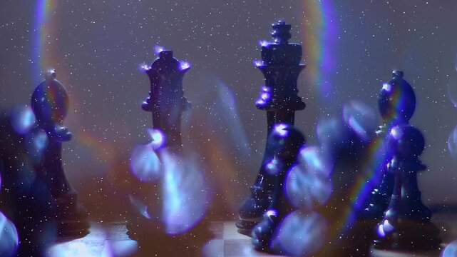 Lacquered chess pieces sparkle in the ray of light. View through sparkling particles. Closeup. Shot in motion