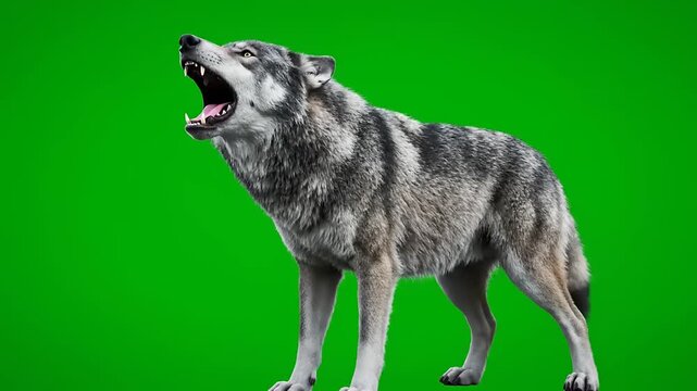 A powerful gray wolf howls intensely, its mouth wide open, captured against a vibrant green screen background, perfect for compositing into various creative projects or wildlife educational content